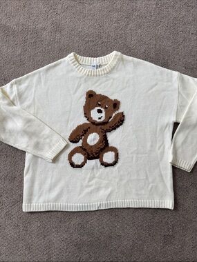 twik Ivory Crewneck Sweater with Brown Teddy Bear